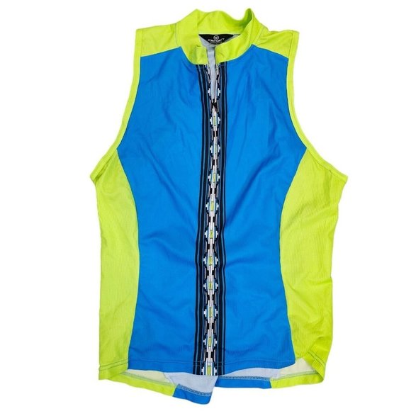 Womens XL Neon Bright Cycling Tank Yellow Blue Pockets Zip Canari Colorblock - Picture 1 of 8